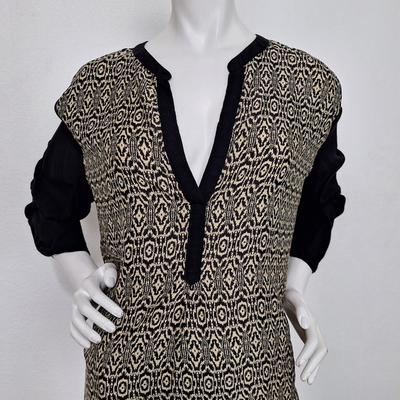 Urban Mangoz Black Tan Geometric Print 3/4 Sleeve Boho Retro Tunic Top Size L - Picture 2 of 12